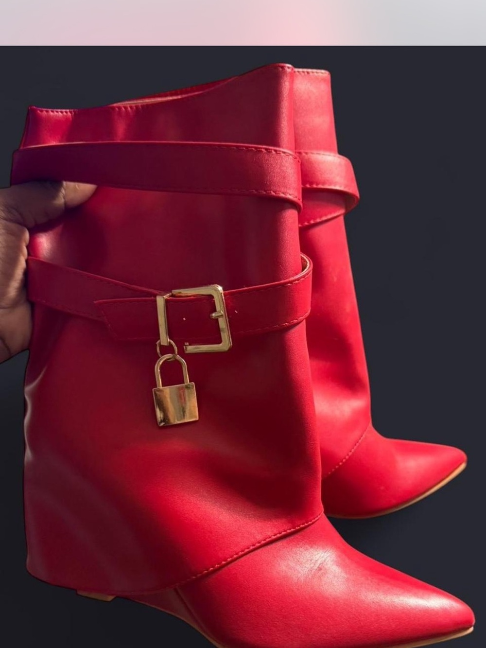 Red Women's Pointed Toe Ankle Boots with Gold Padlock Accent